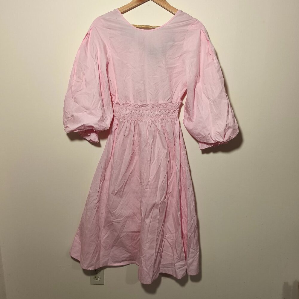 NWT Vera Moda Organic Cotton Puff Sleeve Tie Low Back Midi Dress sz XS Pink